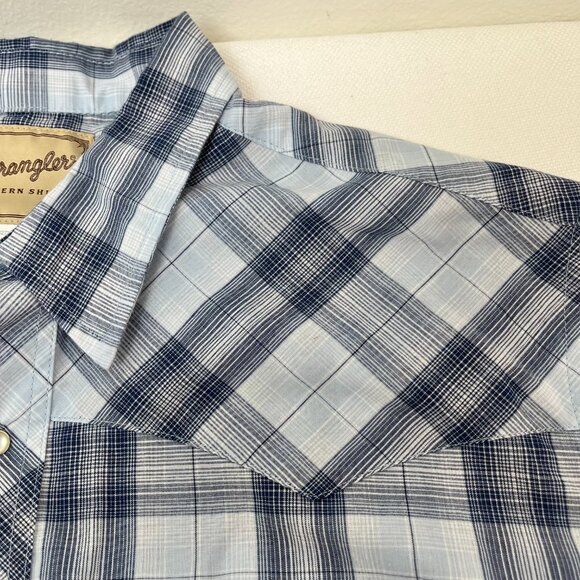 Wrangler Western Shirt Blue Plaid Pearl Snap Short Sleeve Button Up Men's 2XL - Picture 4 of 8